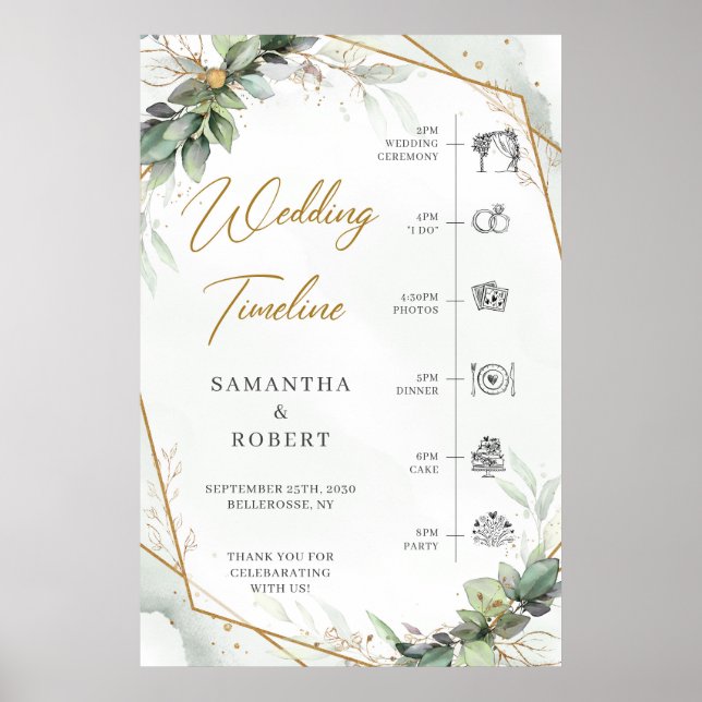 Boho Eucalyptus greenery gold wedding Timeline Poster (Front)