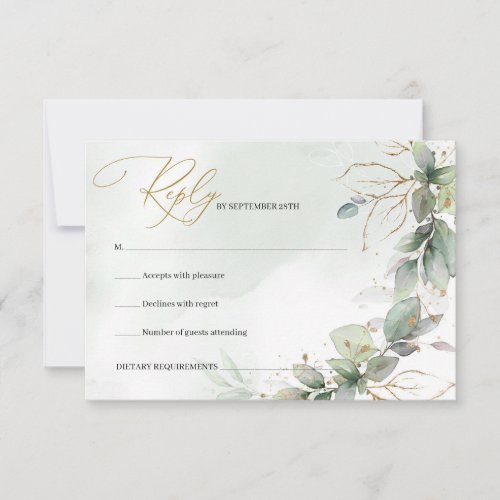 Boho Eucalyptus greenery leaves branches gold RSVP Card