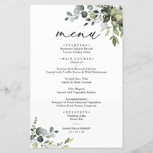 Boho Eucalyptus Greenery Simple Wedding Menu | Zazzle