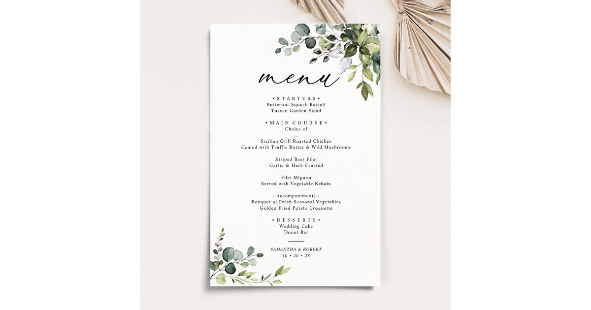 Boho Eucalyptus Greenery Simple Wedding Menu | Zazzle