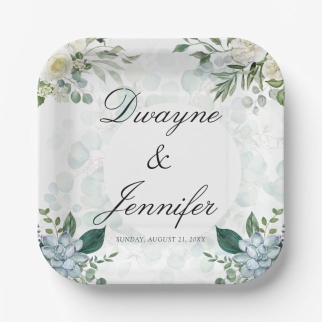Boho Eucalyptus Greenery Summer Wedding Paper Plates (Front)