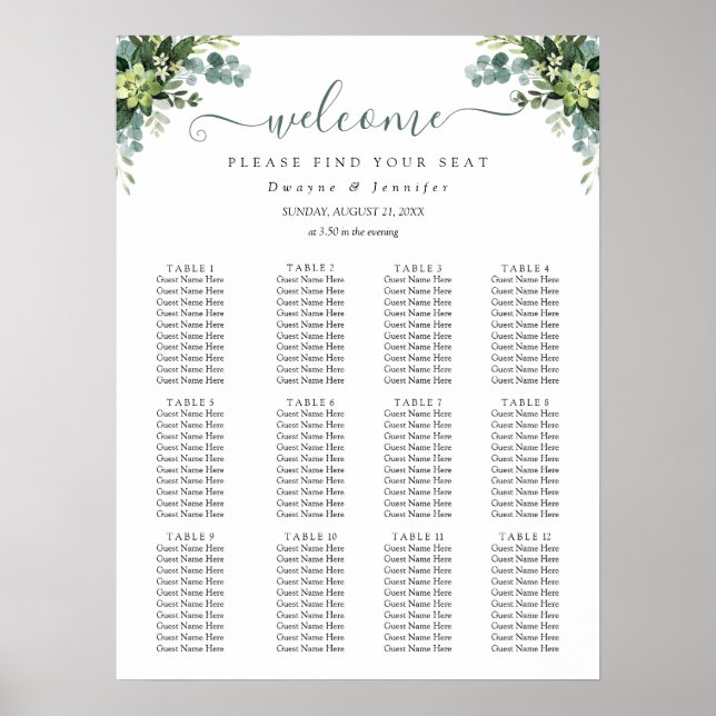 Boho Eucalyptus Greenery Summer Wedding Seating  Poster (Front)