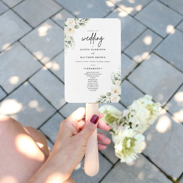 Boho Eucalyptus Greenery Wedding Ceremony Program  Hand Fan (Boho eucalyptus greenery program fan keeps guests cool while adding fresh personalized wedding charm)