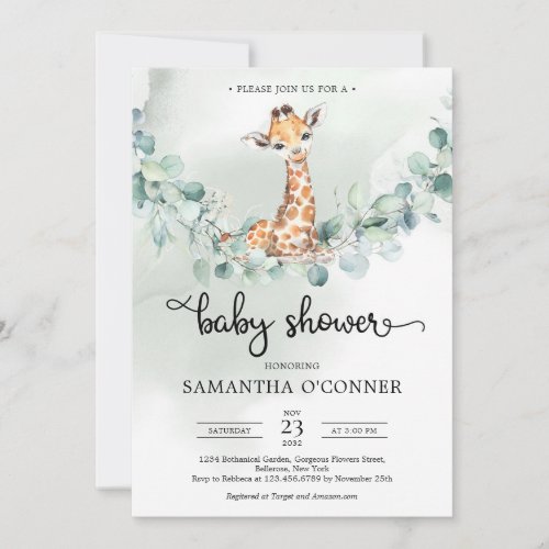 Boho eucalyptus greenery wreath baby giraffe  invitation