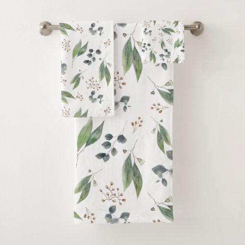 Boho eucalyptus leaf green foliage gum flower bath towel set