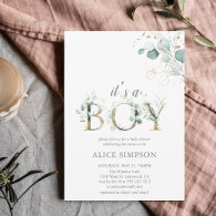 Boho Eucalyptus Leaves Baby Boy Shower Invitation