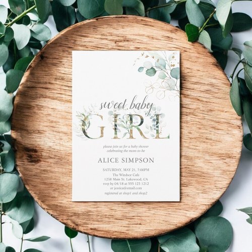 Boho Eucalyptus Leaves Baby Girl Shower Invitation