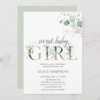 Boho Eucalyptus Leaves Baby Girl Shower Invitation