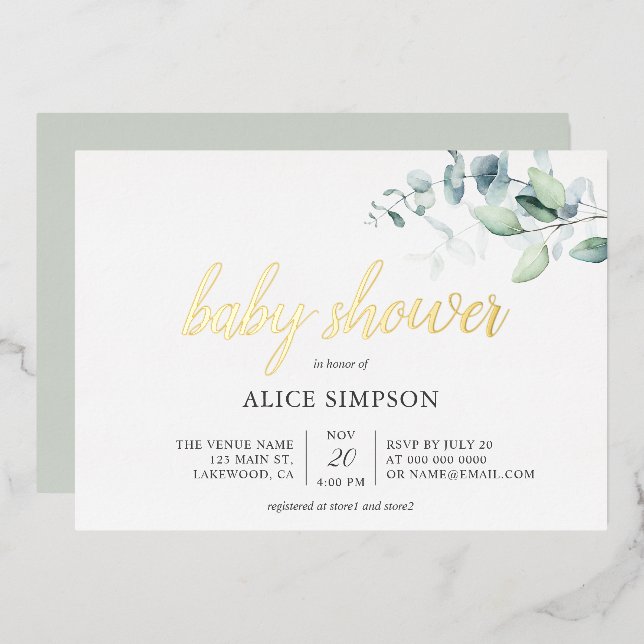 Boho Eucalyptus Leaves Baby Shower Foil Invitation (Front/Back)