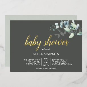 Boho Eucalyptus Leaves Baby Shower Foil Invitation