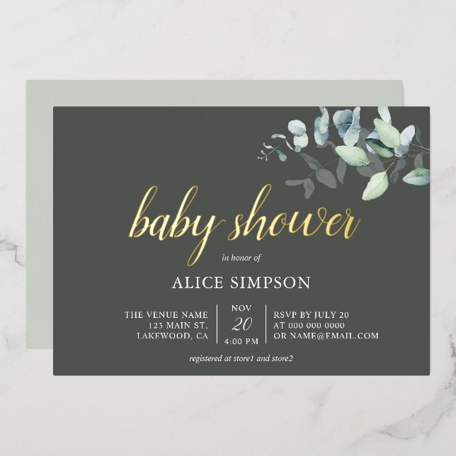 Boho Eucalyptus Leaves Baby Shower Foil Invitation (Front/Back)
