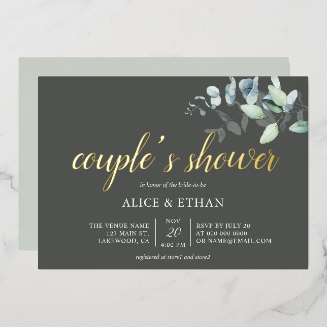 Boho Eucalyptus Leaves Couples Shower Foil Invitat Foil Invitation (Front/Back)
