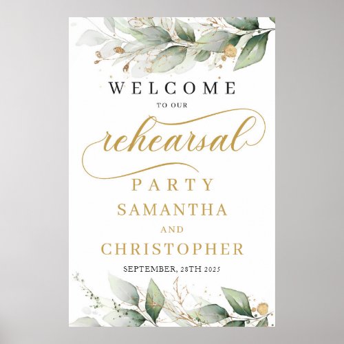 Boho Eucalyptus Leaves Gold Rehearsal Welcome Sign