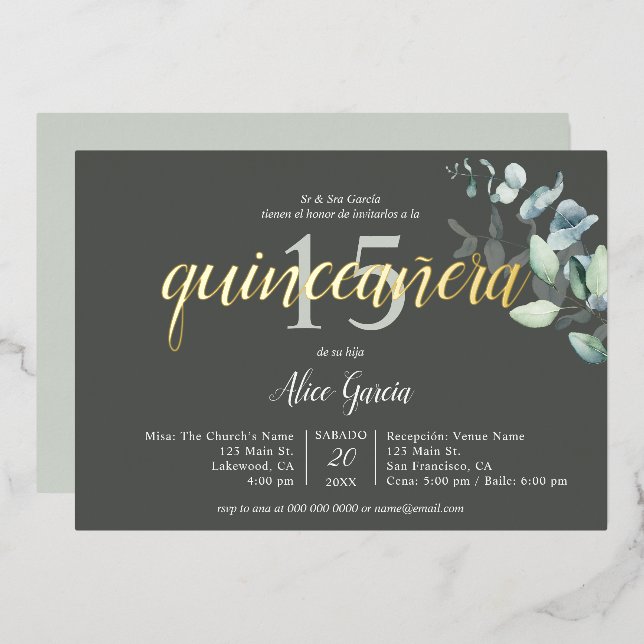 Boho Eucalyptus Leaves Quinceanera Foil Invitation (Front/Back)