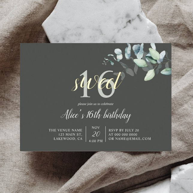 Boho Eucalyptus Leaves Sweet 16 Foil Invitation (Creator Uploaded)