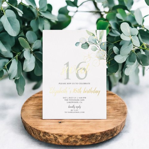 Boho Eucalyptus Leaves Sweet 16 Foil Invitation