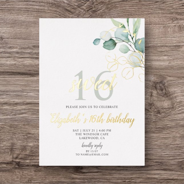 Boho Eucalyptus Leaves Sweet 16 Foil Invitation (Creator Uploaded)