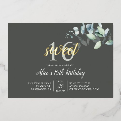 Boho Eucalyptus Leaves Sweet 16 Foil Invitation