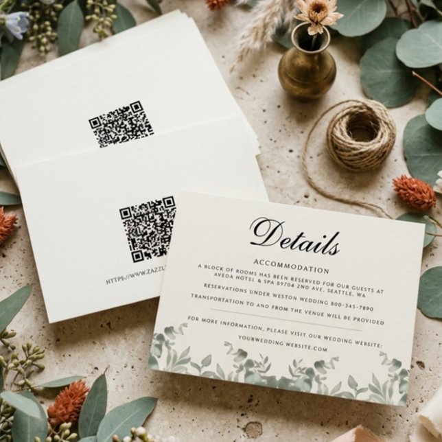 Boho Eucalyptus Leaves w QR code Wedding Details Note Card (Creator Uploaded)