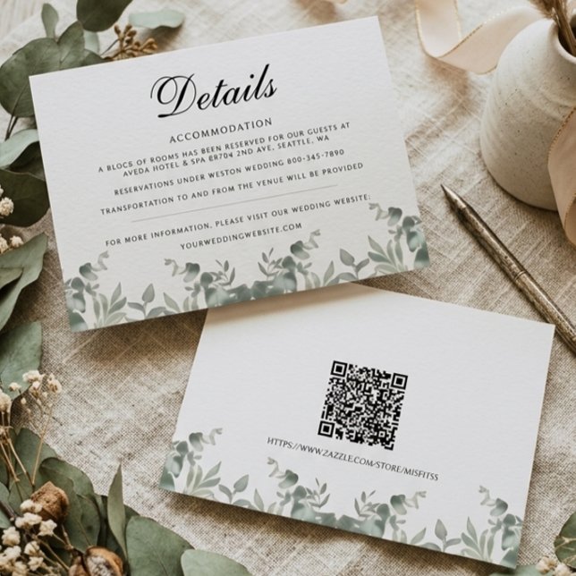 Boho Eucalyptus Leaves w QR code Wedding Details Note Card (Creator Uploaded)