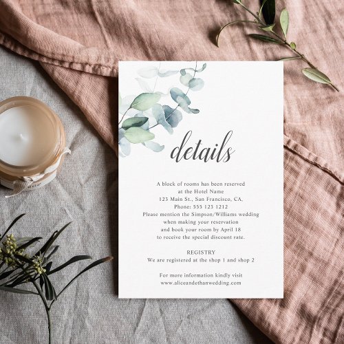 Boho Eucalyptus Leaves Wedding Details Enclosure Card