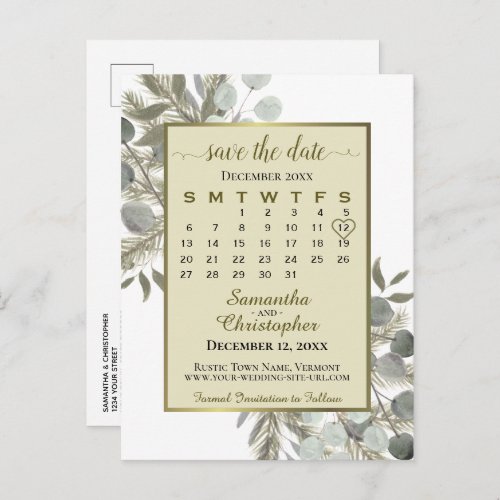 Boho Eucalyptus  Pine Gold Save the Date Calendar Announcement Postcard