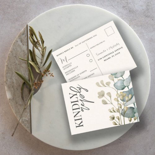 Boho Eucalyptus Sage Green  Beige RSVP Invitation Postcard