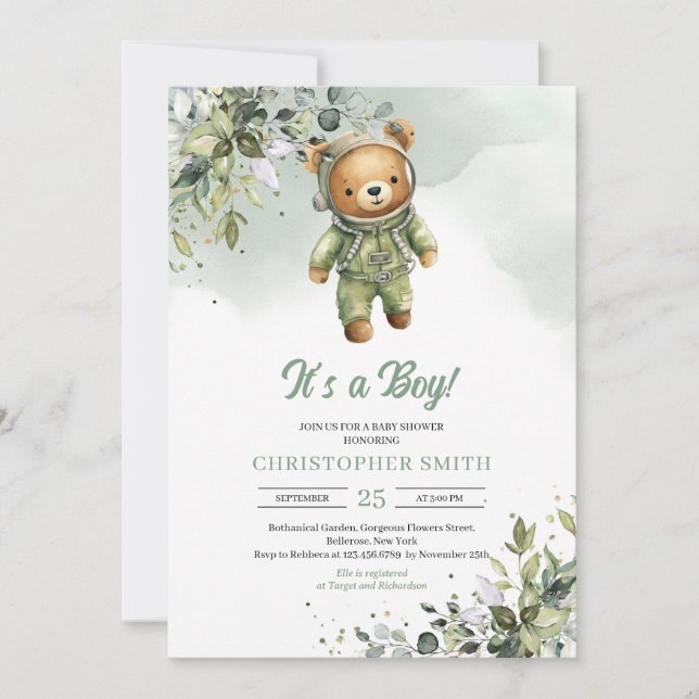 Boho eucalyptus teddy bear astronaut neutral invitation (Front)
