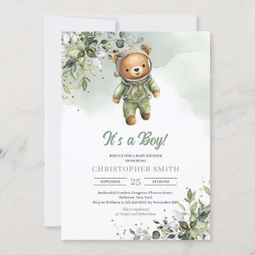 Boho eucalyptus teddy bear astronaut neutral invitation