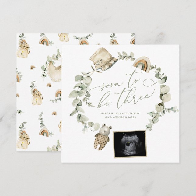Boho Eucalyptus Three Ultrasound Pregnancy Reveal Announcement (Front/Back)
