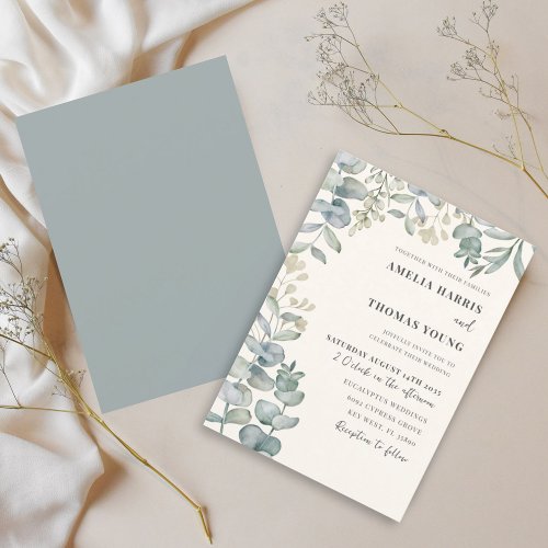 Boho Eucalyptus Watercolor Blue  Beige Wedding Invitation