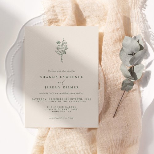 Boho Evergreen Elegant Minimal Wedding  Invitatio Invitation