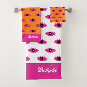 BOHO Evil Eye Pattern Burnt Orange& Pink Name Bath Towel Set