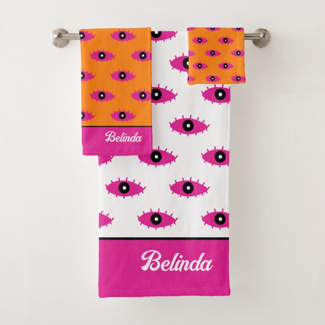 BOHO Evil Eye Pattern Burnt Orange& Pink Name Bath Towel Set (Insitu)