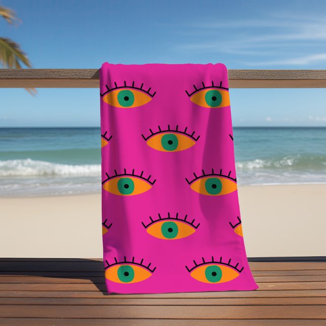BOHO Evil Eye Pattern Funky Fuchsia Fun Beach Towel (Creator Uploaded)