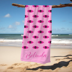 BOHO Evil Eyes Handwritten Name Pink Beach Towel