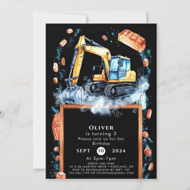 Boho Excavator Construction Birthday Invitation (Front)