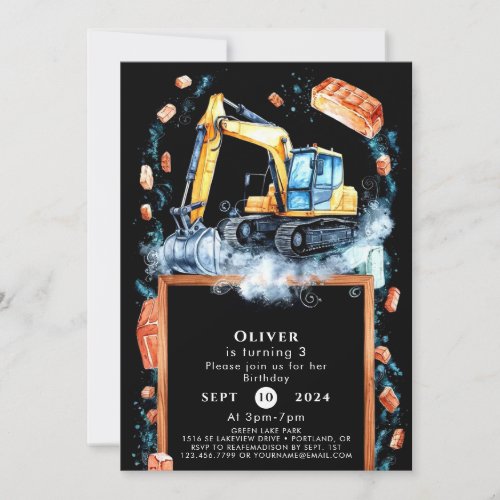 Boho Excavator Construction Birthday Invitation