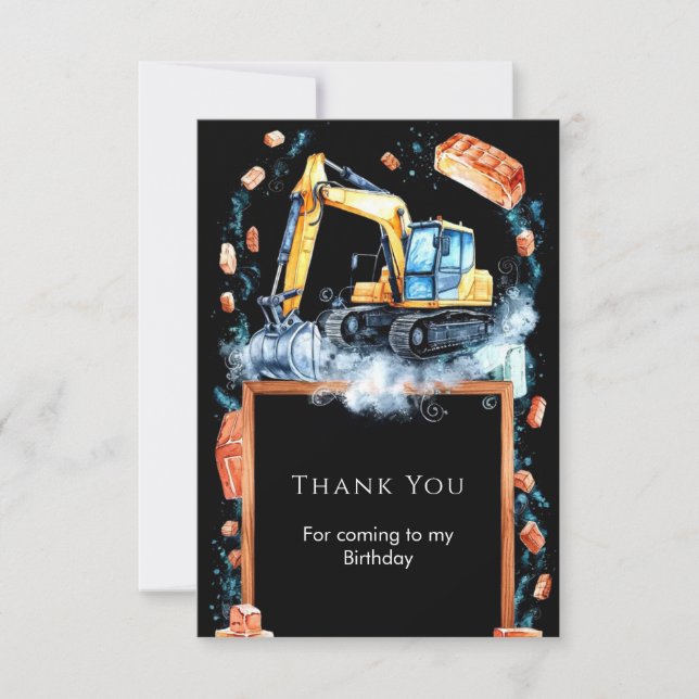 Boho Excavator Construction Birthday Thank You Card (Front)