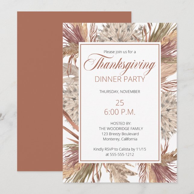 Boho Exotic Dried Grasses | Pampas Thanksgiving  Invitation (Front/Back)