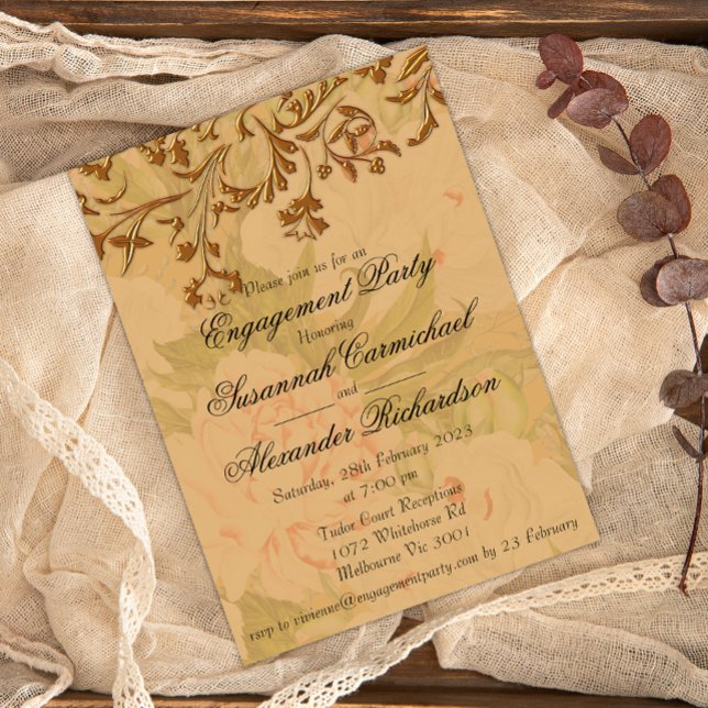Boho Faded Flowers and Decorative Gold Engagement Invitation (Creator Uploaded)