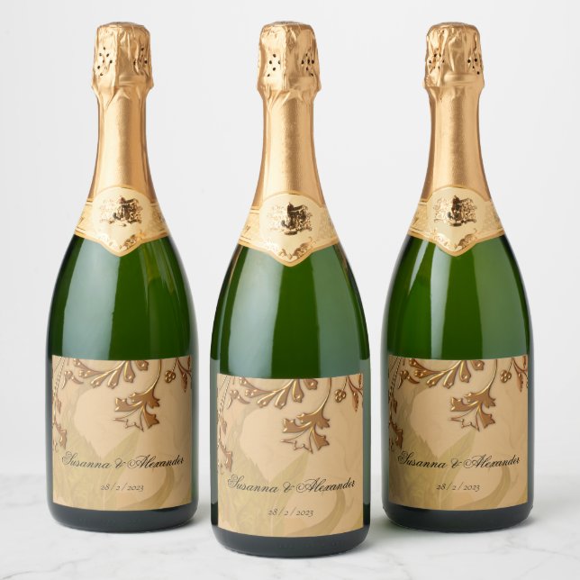 Boho Faded Peonies and Gold Wedding Sparkling Wine Label (Bottles)