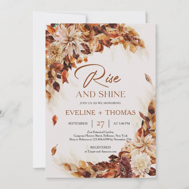Boho fall and autumn flowers rusty rise and shine  invitation (Front)