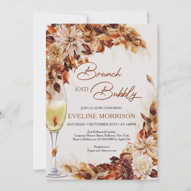 Boho fall and autumn leaves brunch and bubbly invitation (Front)