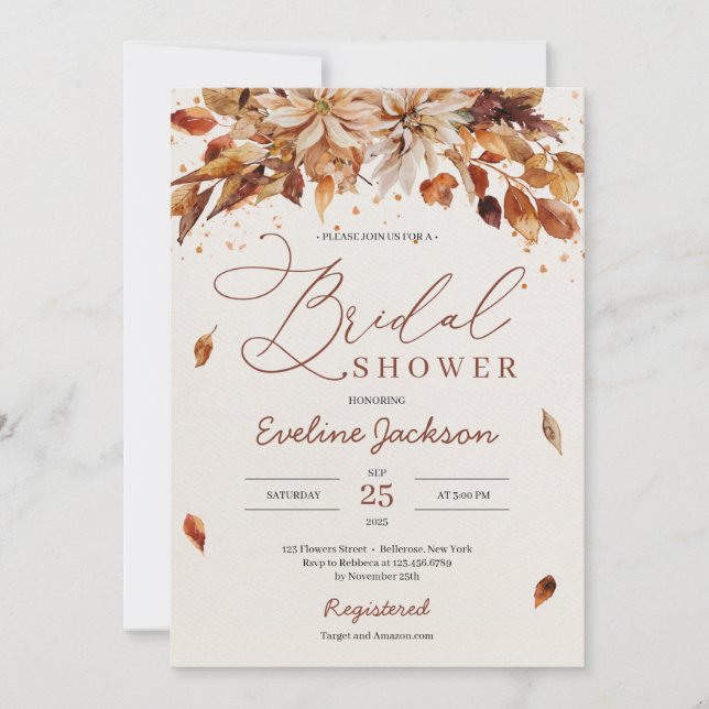 Boho fall and autumn seasonal florals foliage invitation (Front)