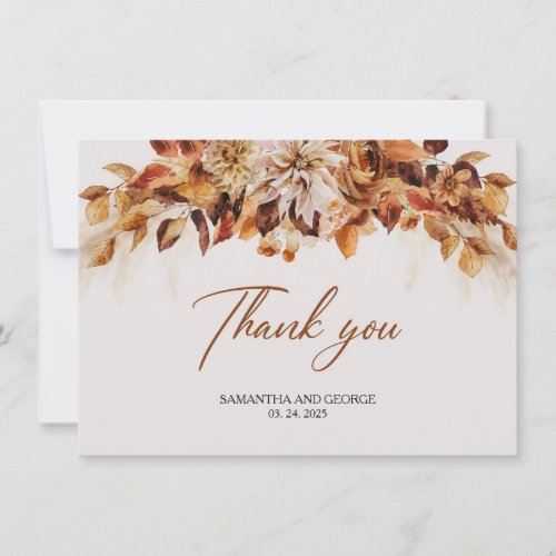 Boho fall and autumn watercolor flowers leaves thank you card