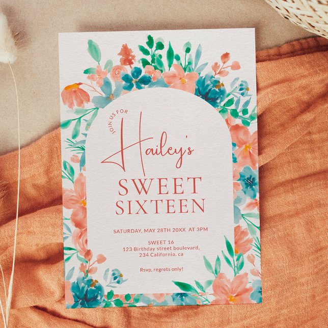 Boho fall autumn floral watercolor Sweet 16 Invitation (Creator Uploaded)