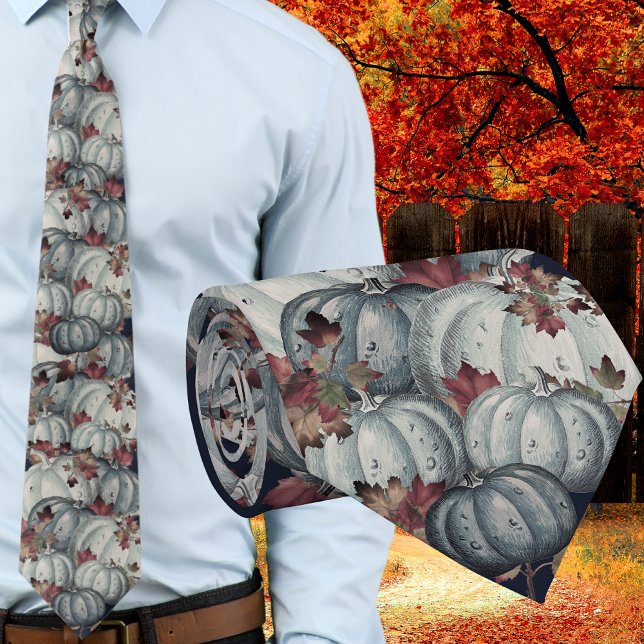 Boho Fall Blue White Watercolor Pumpkin Autumn Neck Tie (Creator Uploaded)