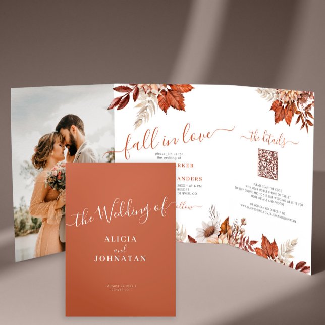 Boho fall botanical photo QR RSVP details wedding Tri-Fold Invitation (Creator Uploaded)