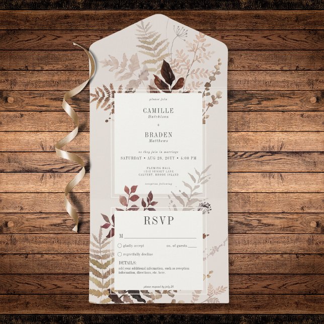 Boho Fall Brown Botanical Wedding No Dinner All In One Invitation (Modern Autumn Brown Ferns & Leaves No Dinner All In One Invitation)